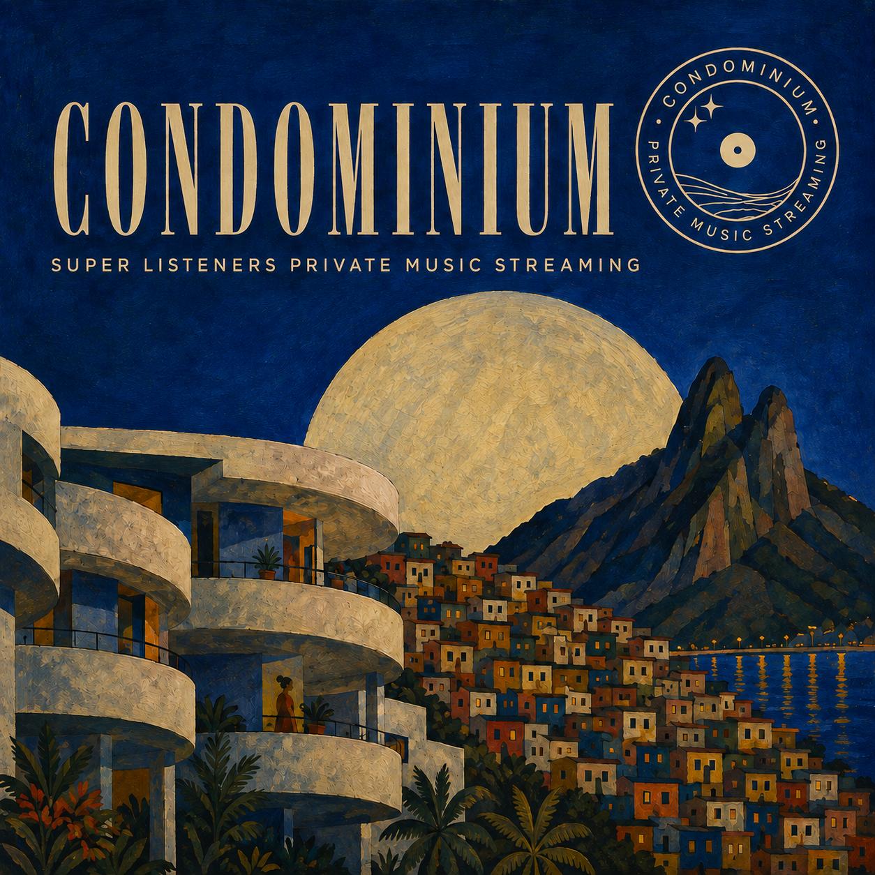 Capa Condominium — Super Listeners Private Music Streaming: varandas curvas de um prédio à noite sob a lua, sobre a montanha e o mar